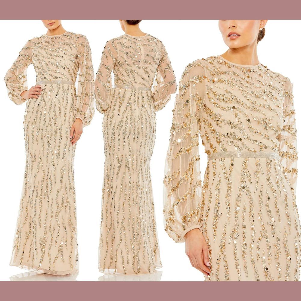 NWT $598‎ Mac Duggal [ 6 ] Embellished High Neck Puff Sleeve Trumpet Gown #G1764